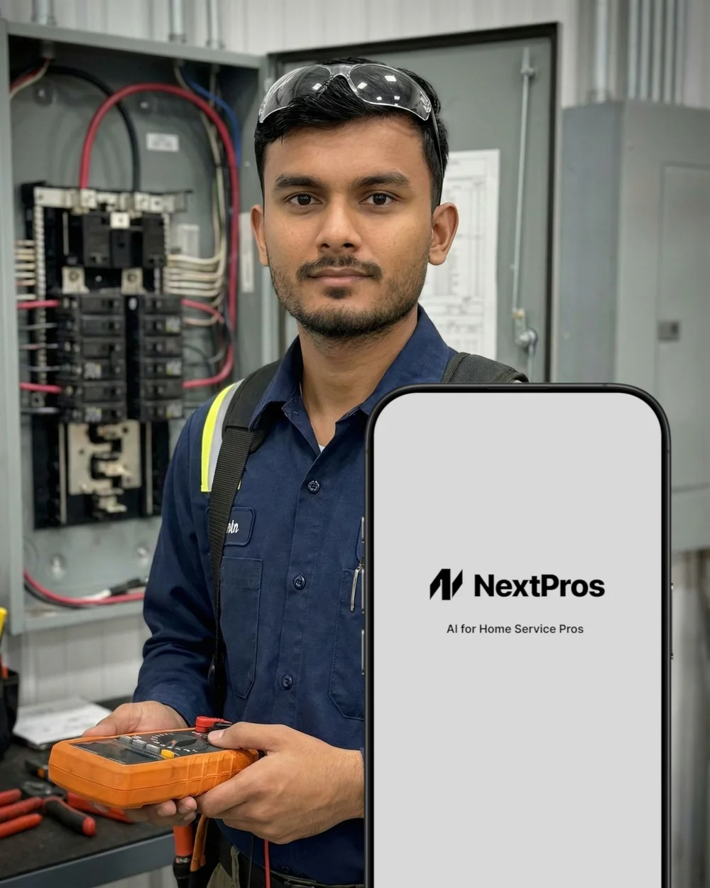 An electrician at a service panel, NextPros open on the phone beside him