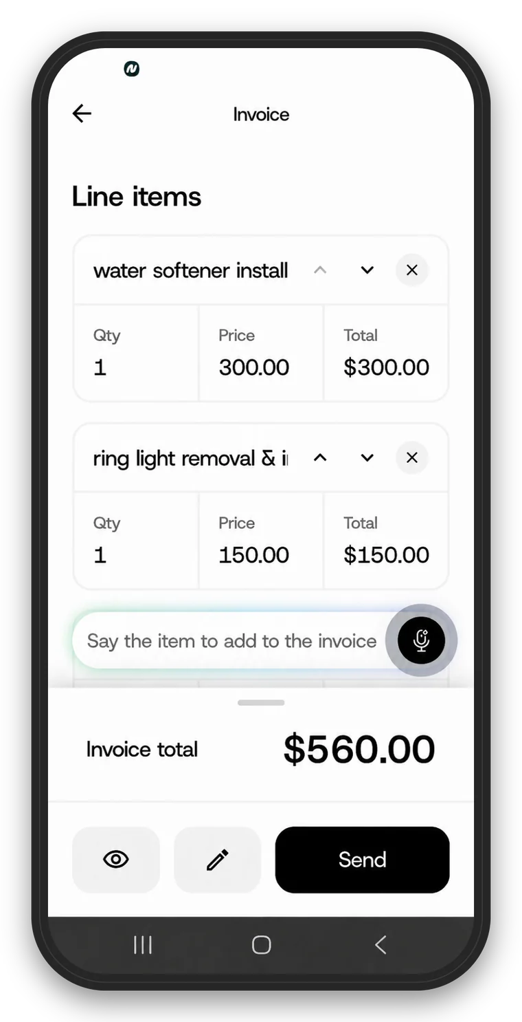 The NextPros invoice, with line items, a total and a send button