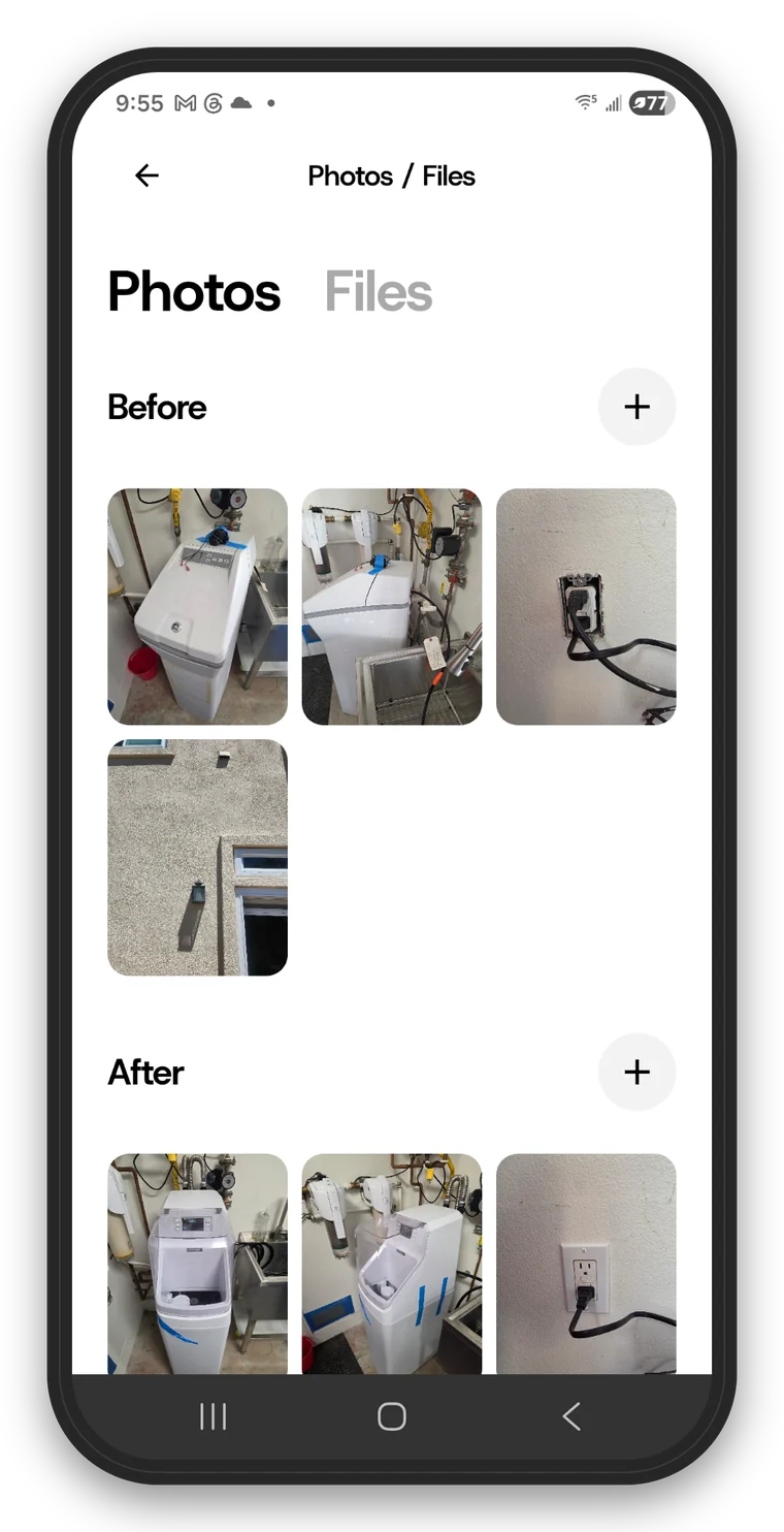 The NextPros job record, with before and after photos of the work