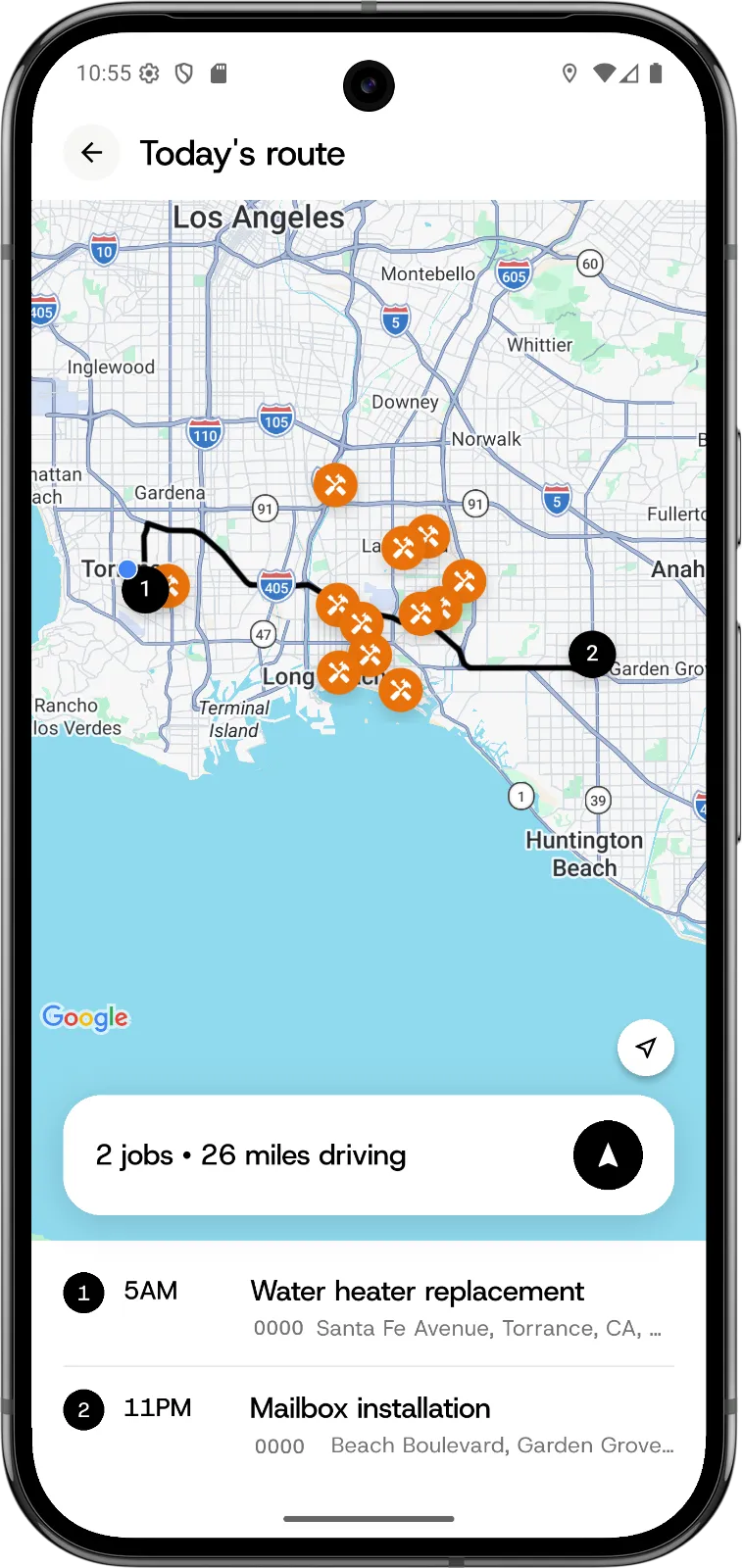 Today's route map in the NextPros app showing two jobs and nearby hardware stores
