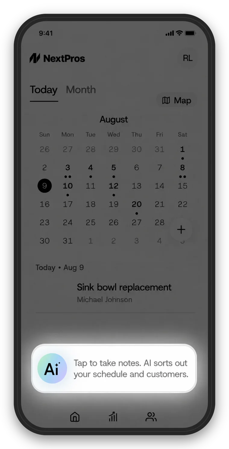 The NextPros calendar, with the AI offering to take notes and sort the schedule