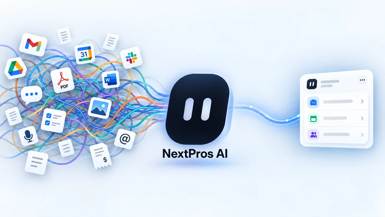 Texts, photos, receipts, emails and documents feeding into NextPros AI and coming out as one organized list of jobs