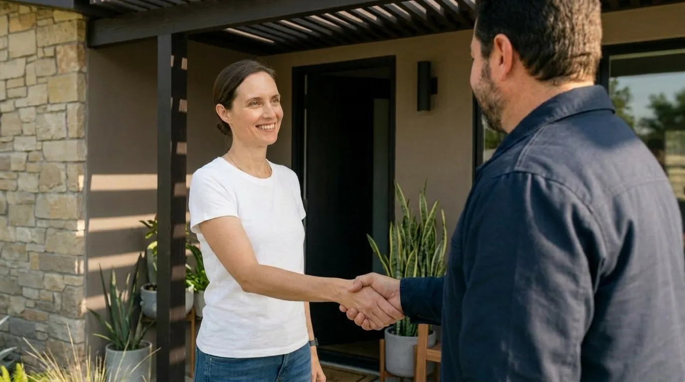 A home service pro shaking hands with a happy customer at her front door